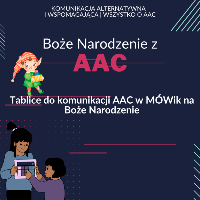 Grafika z elfem zapraszająca do czytania o tablicach komunikacyjnych AAC na święta